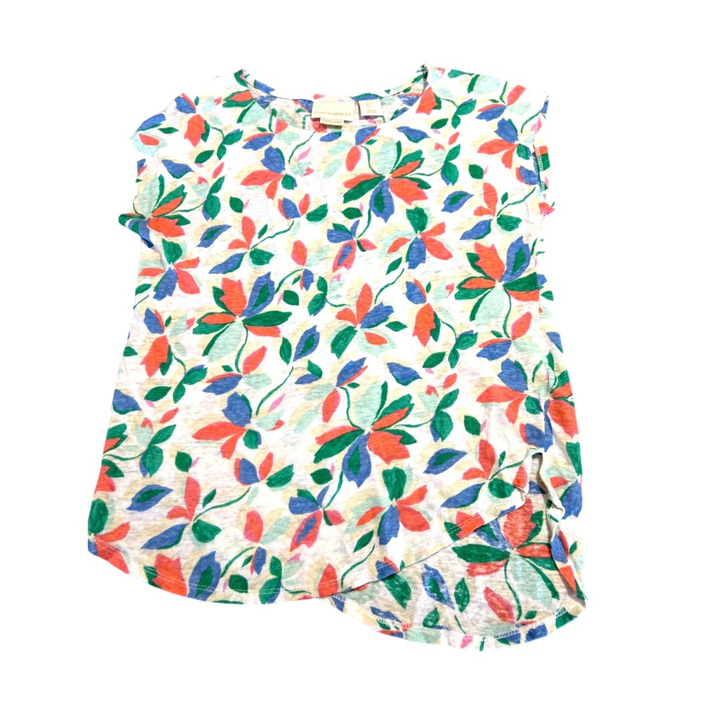 Cynthia Rowley Womens Floral 100% Linen Short Sleeve High-Low Tulip Hem Top S